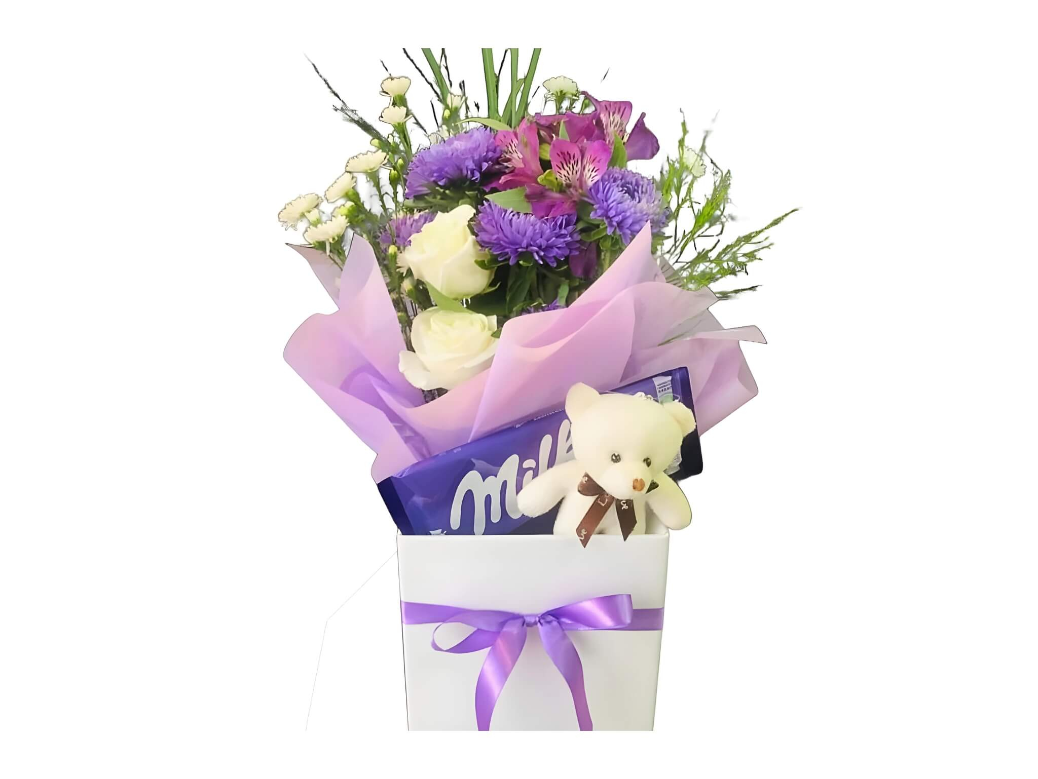 Cesta De Flores Com Milka E Pelúcia